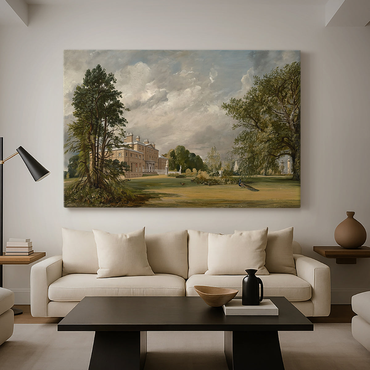 Canvas art print featuring a pastoral composition with building, displayed in a spacious living room