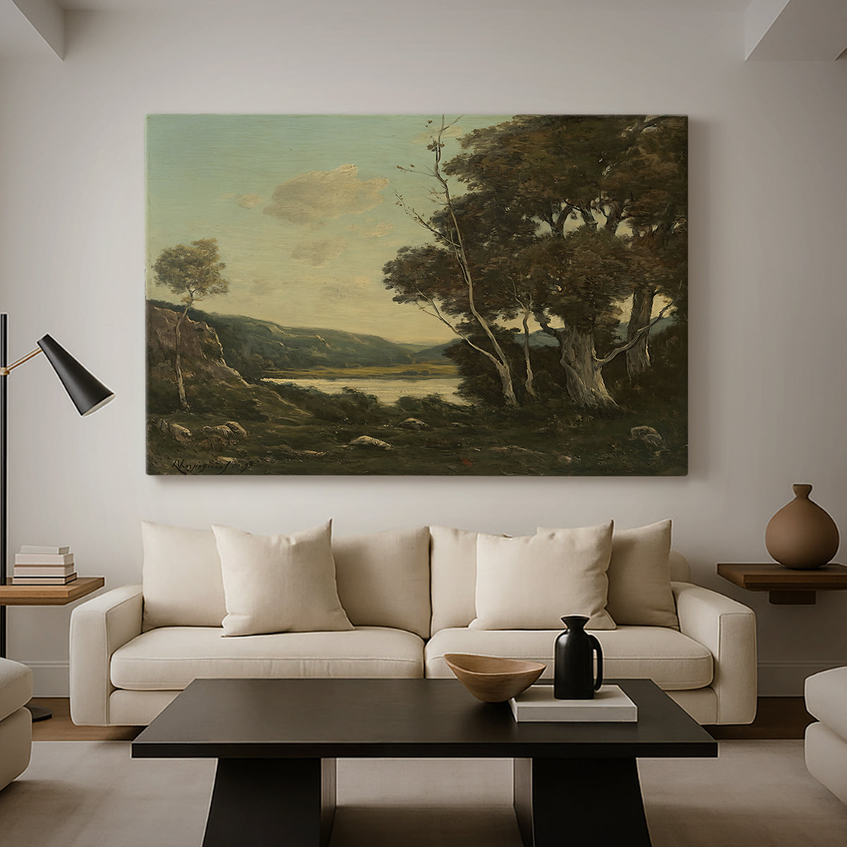 Canvas art print featuring a rural landscape with trees and open space, displayed in a spacious living room