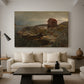 Canvas art print featuring a rustic coastal scene with house and maritime elements, displayed in a spacious living room