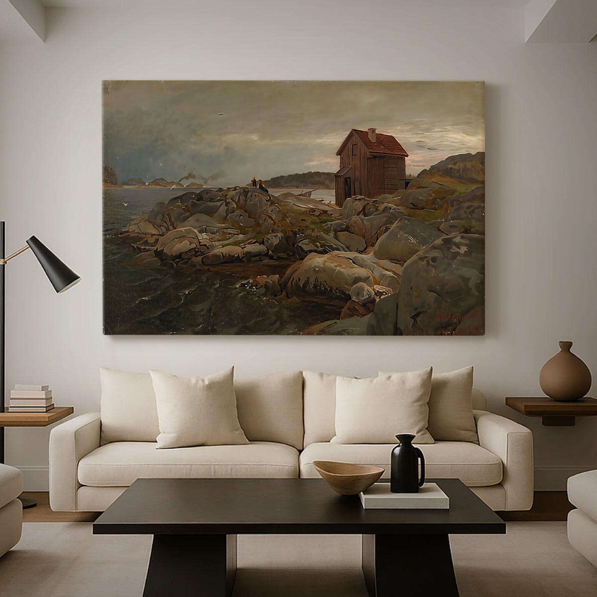 Canvas art print featuring a rustic coastal scene with house and maritime elements, displayed in a spacious living room