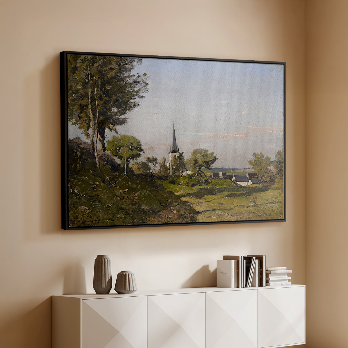 Village Landscape with Church, 1891 - Floater Framed Canvas Print