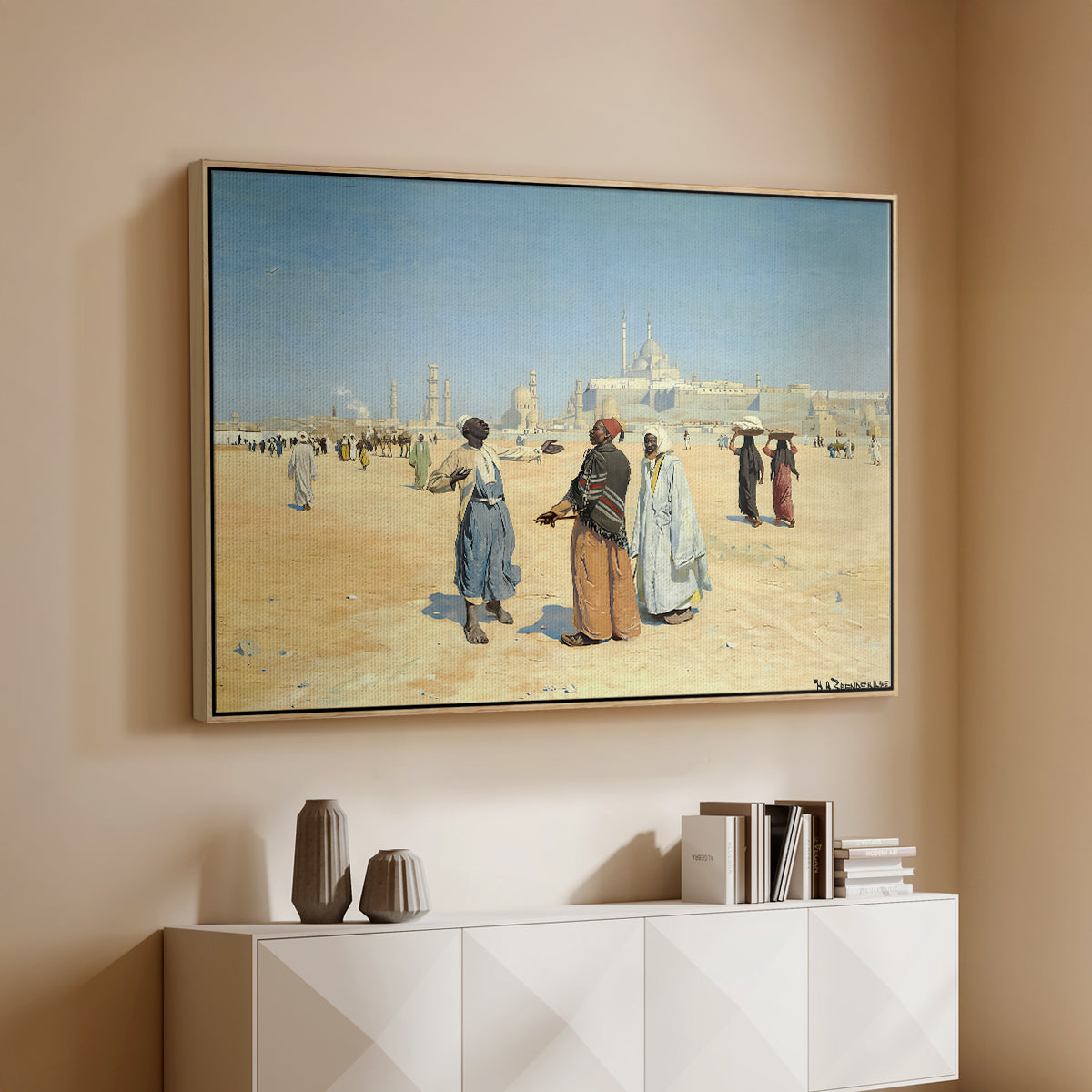 View from the Desert of Cairo with Citadel and Mamluk Tombs in the Background, c. 1889-1890 - Floater Framed Canvas Print