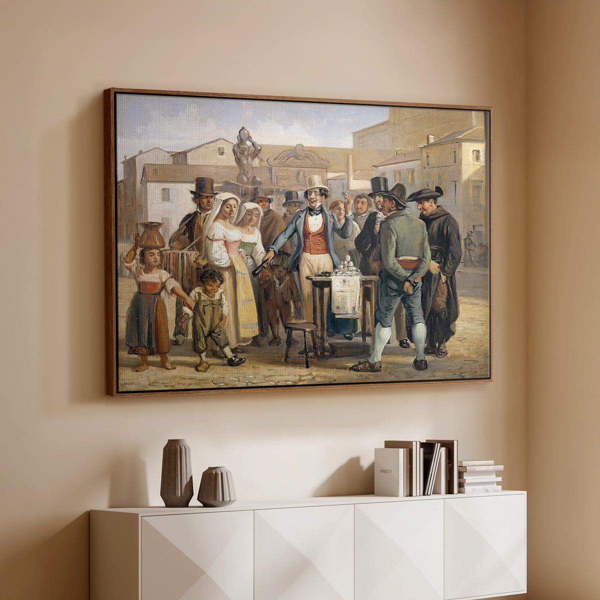 A Charlatan Selling Blacking in the Piazza Barberini in Rome, c. 1840-1849 - Floater Framed Canvas Print