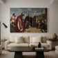 Canvas art print featuring a Renaissance family composition centered on ritual veneration, displayed in a spacious living room