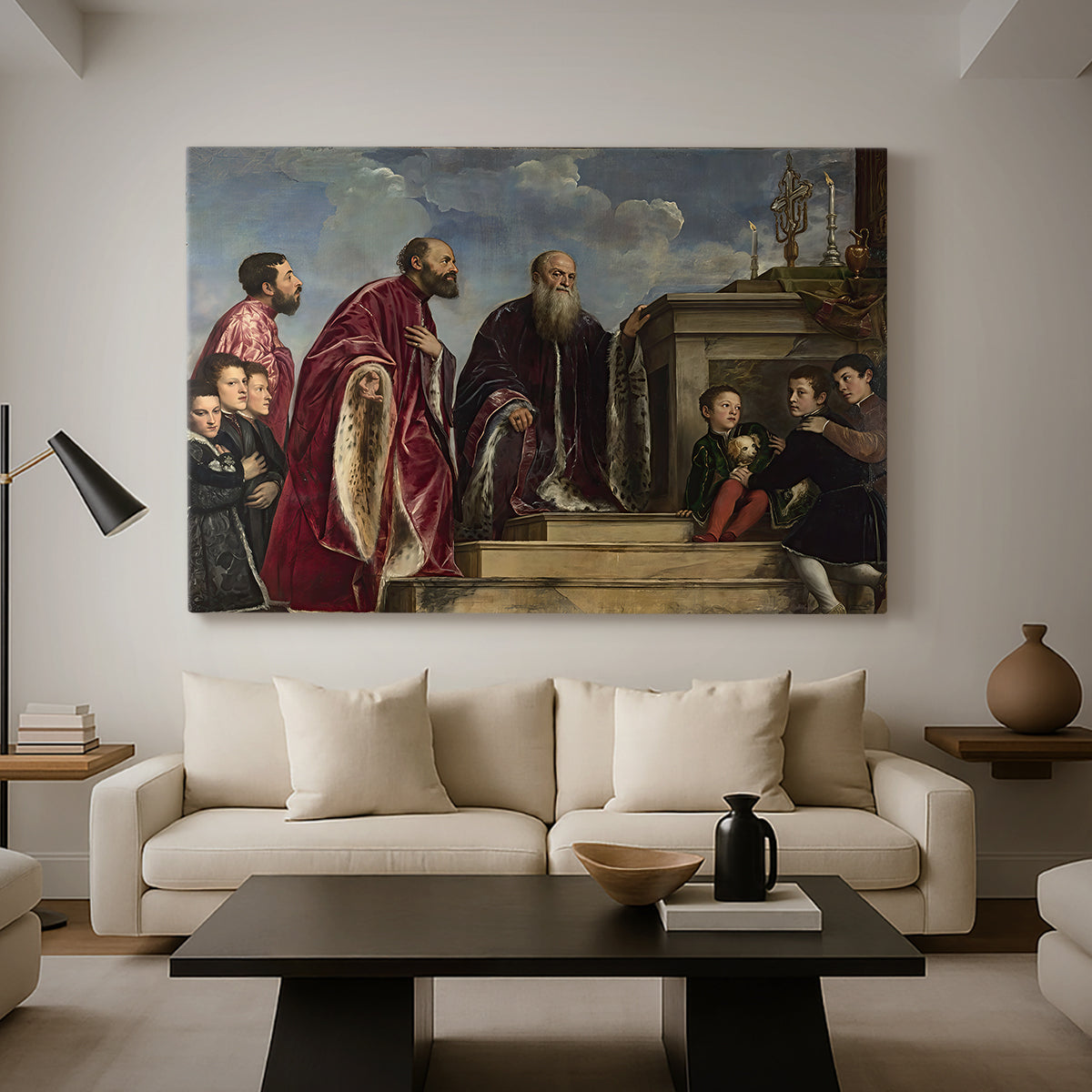 Canvas art print featuring a Renaissance family composition centered on ritual veneration, displayed in a spacious living room