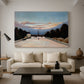 Canvas art print featuring a naïve cityscape with tower and surrounding greenery, displayed in a spacious living room