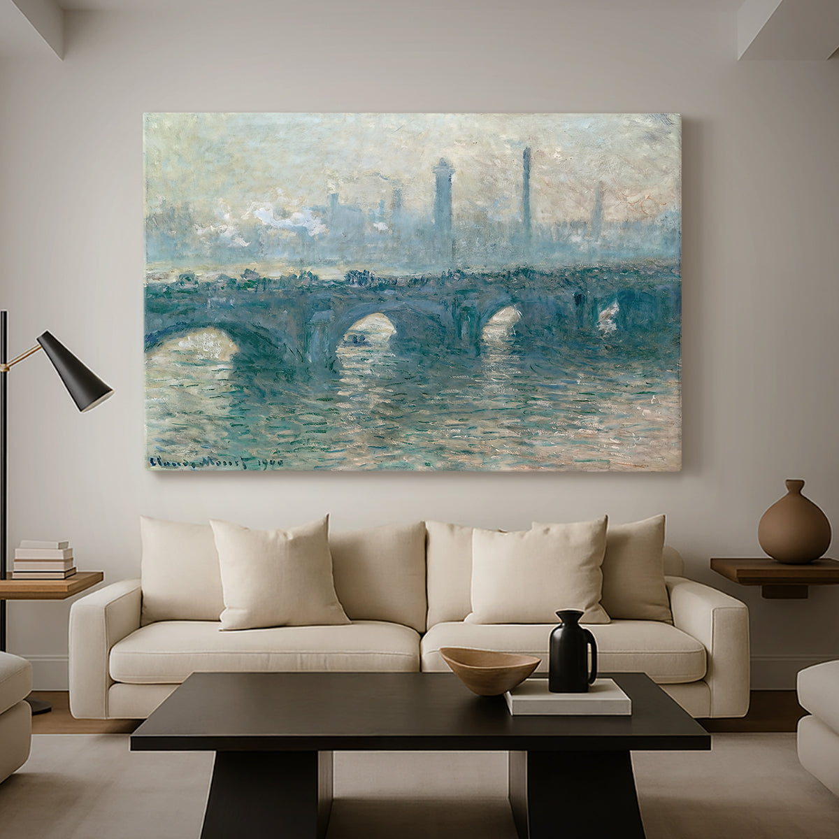 Canvas art print featuring a soft-toned river scene with bridge and muted skyline, displayed in a spacious living room