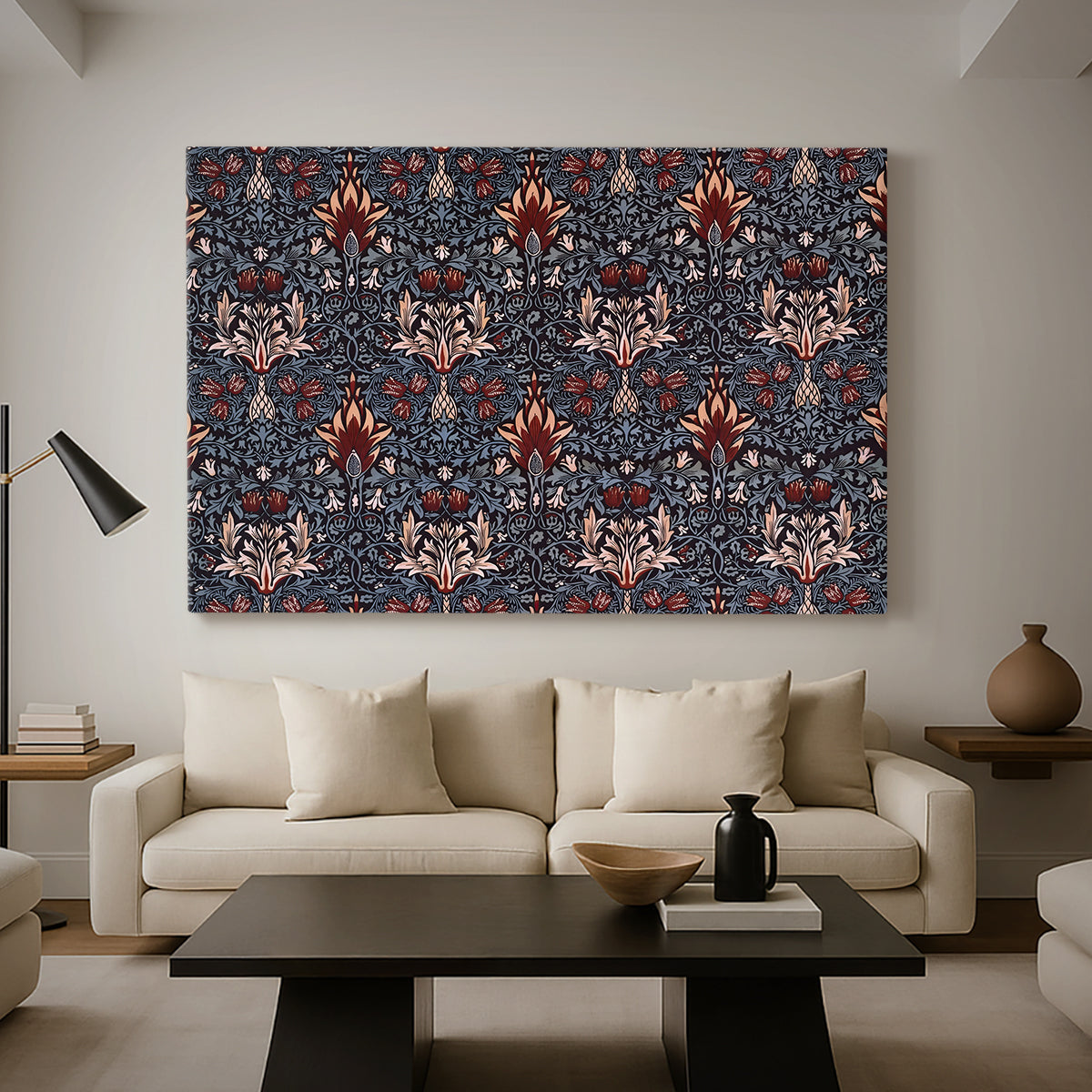 Canvas art print featuring a textile pattern with alternating blossoms and leaves, displayed in a spacious living room