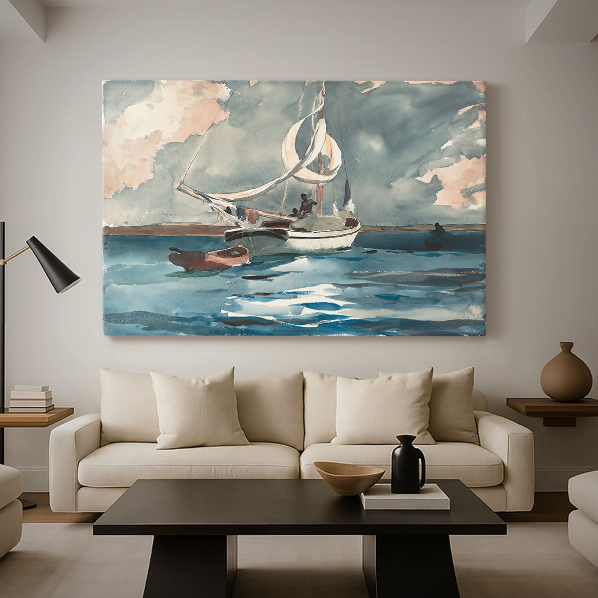 Canvas art print featuring an open water composition focused on lone vessel, displayed in a spacious living room
