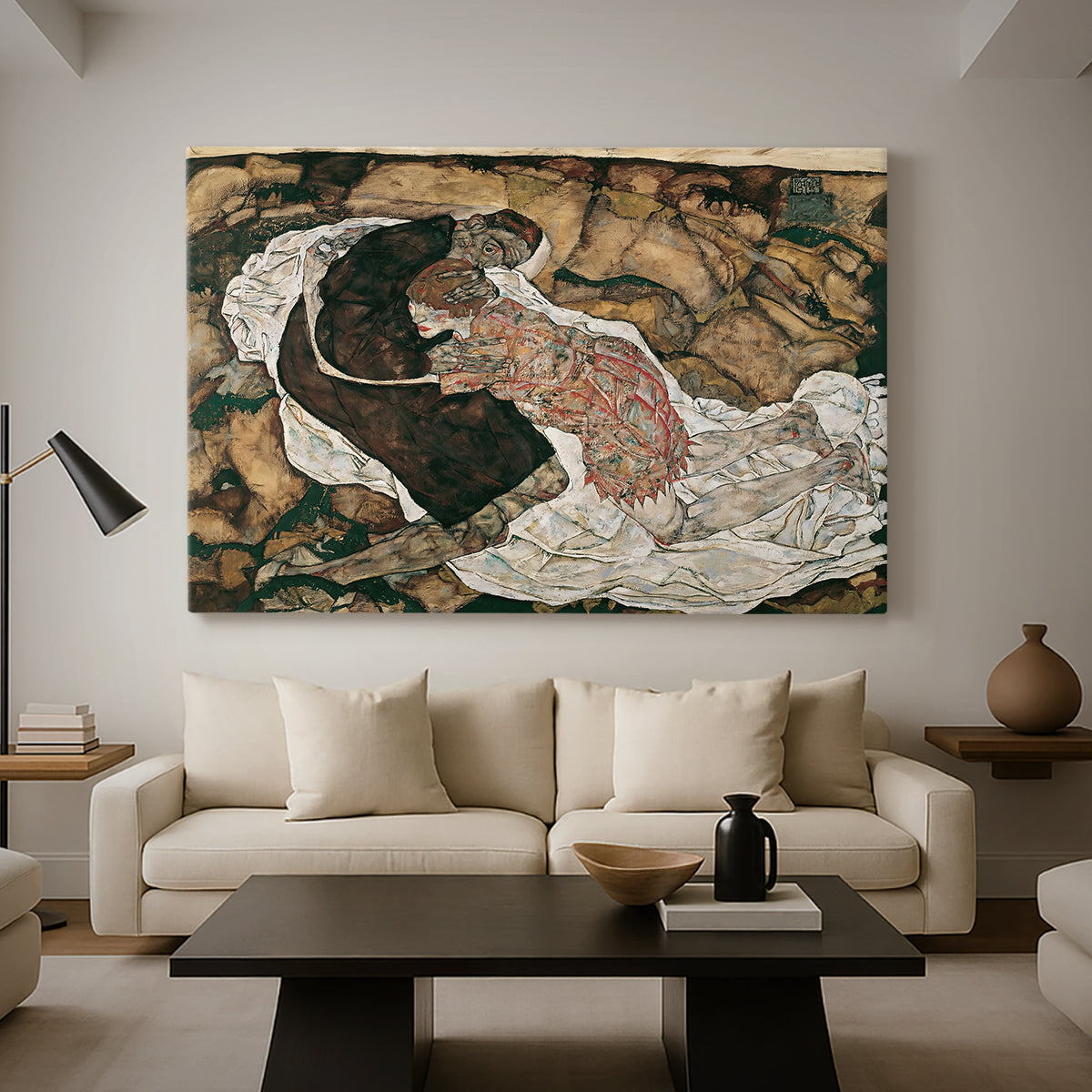 Canvas art print featuring an expressionist painting of human figures in dramatic pose, displayed in a spacious living room