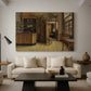 Canvas art print featuring a detailed room with wooden textures and figure near entrance, displayed in a spacious living room