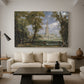 Canvas art print featuring an expressive landscape combining building, displayed in a spacious living room