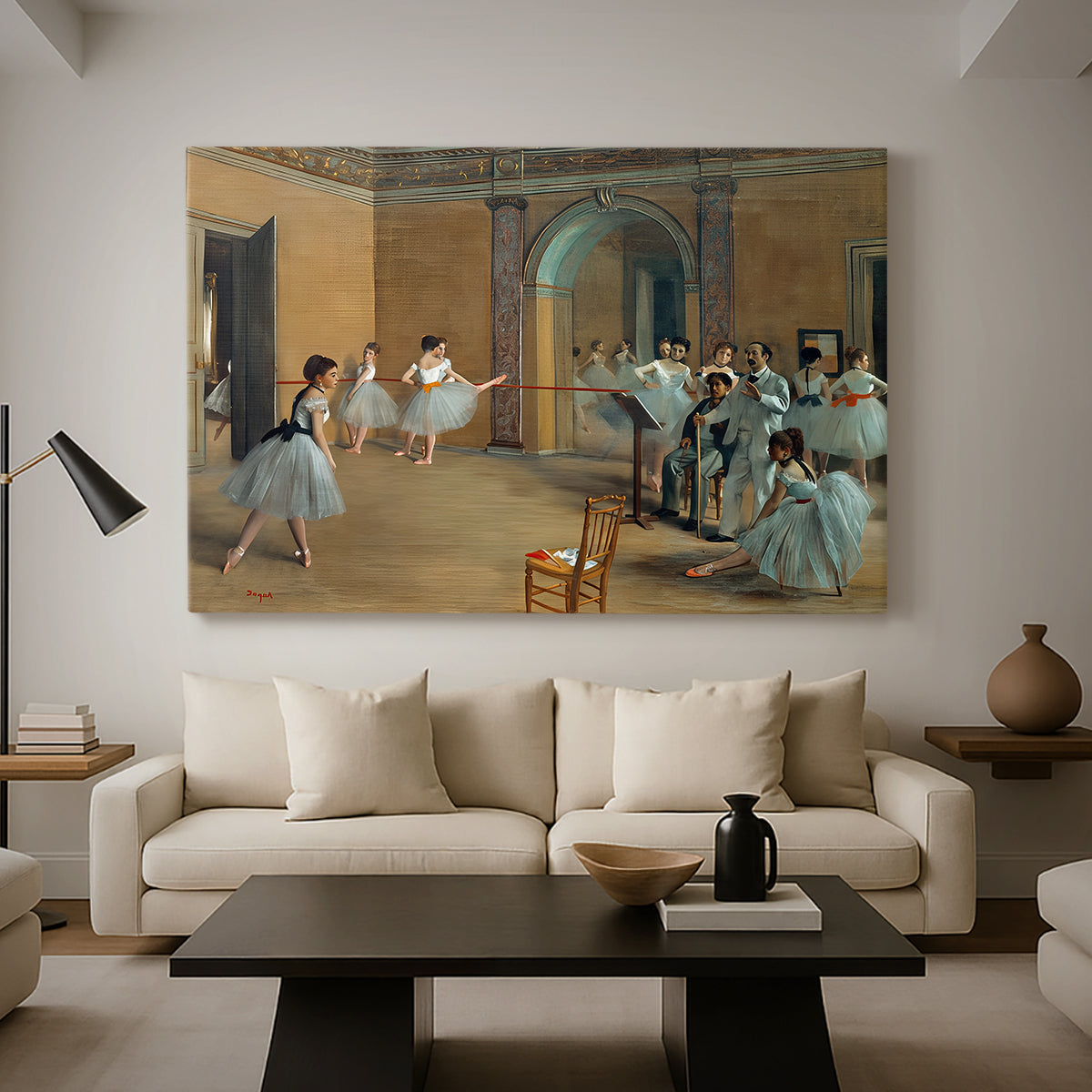 Canvas art print featuring an impressionist depiction of ballet foyer with multiple figures, displayed in a spacious living room
