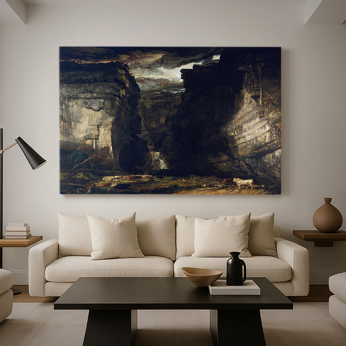 Canvas art print featuring a natural scene featuring cliffs and cascading water, displayed in a spacious living room