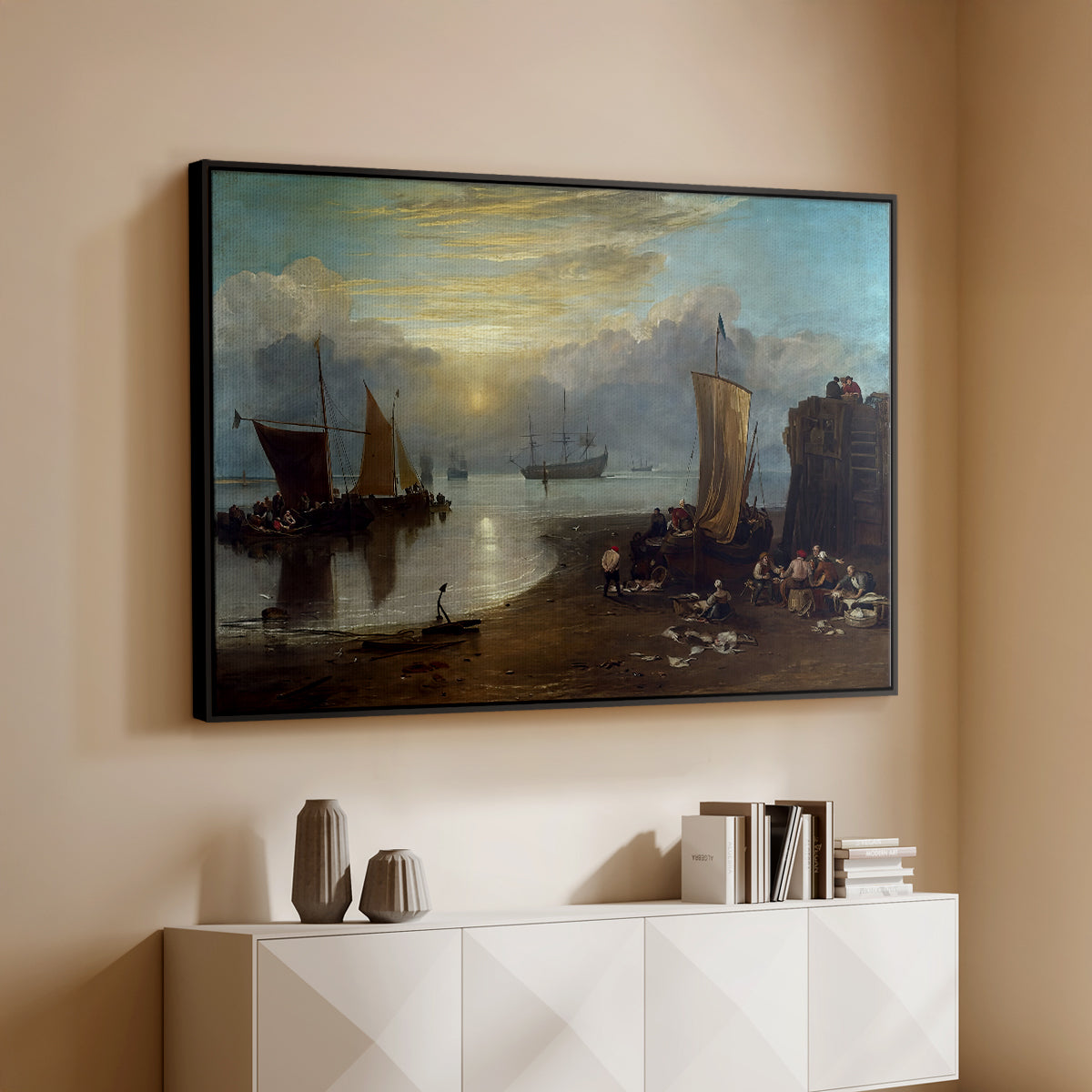 Sun Rising through Vapour: Fishermen Cleaning and Selling Fish, c. 1807 - Floater Framed Canvas Print