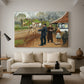 Canvas art print featuring a rustic village setting with people interacting in open space, displayed in a spacious living room