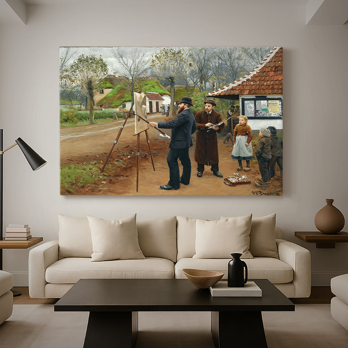 Canvas art print featuring a rustic village setting with people interacting in open space, displayed in a spacious living room