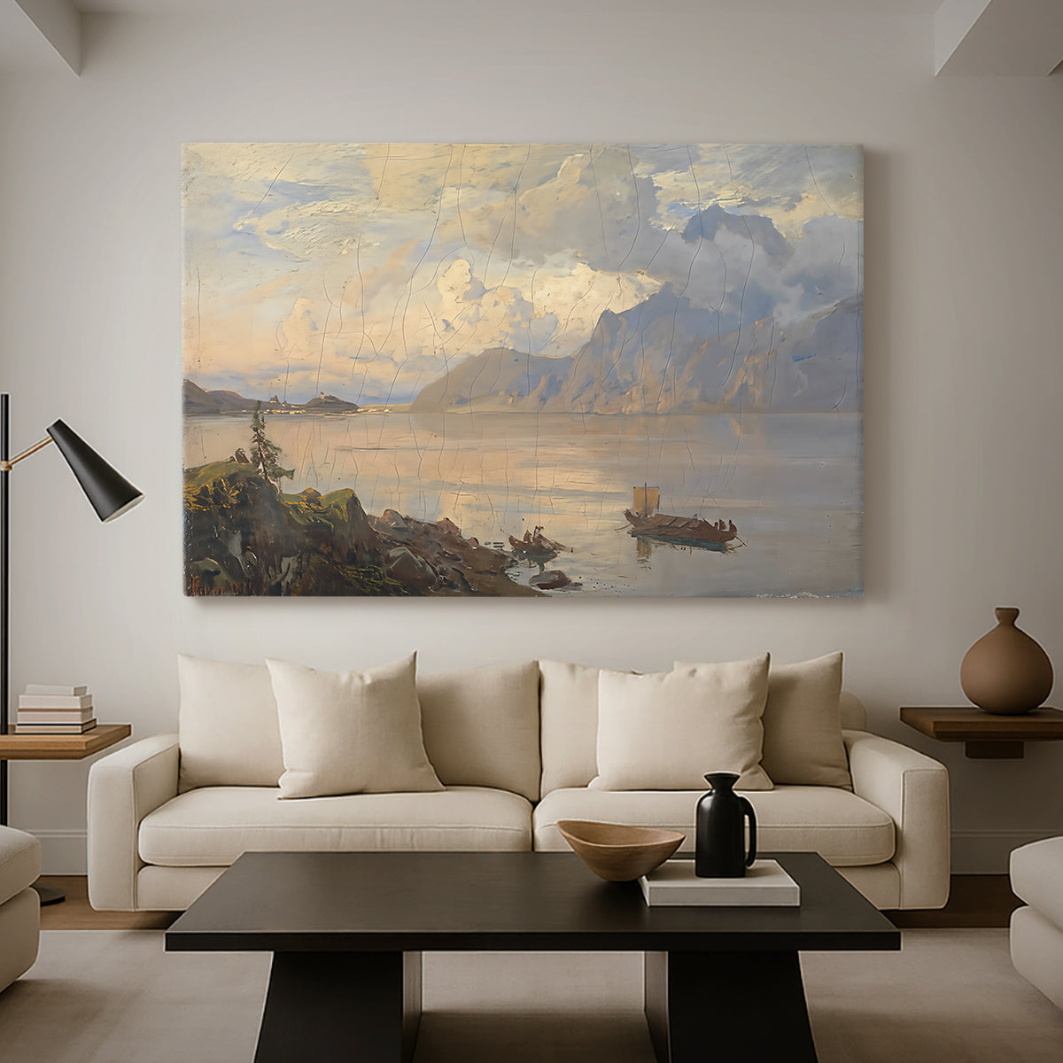Canvas art print featuring an alpine lake landscape with reflections and open sky, displayed in a spacious living room