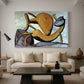Canvas art print featuring an expressive depiction with bold contours, displayed in a spacious living room