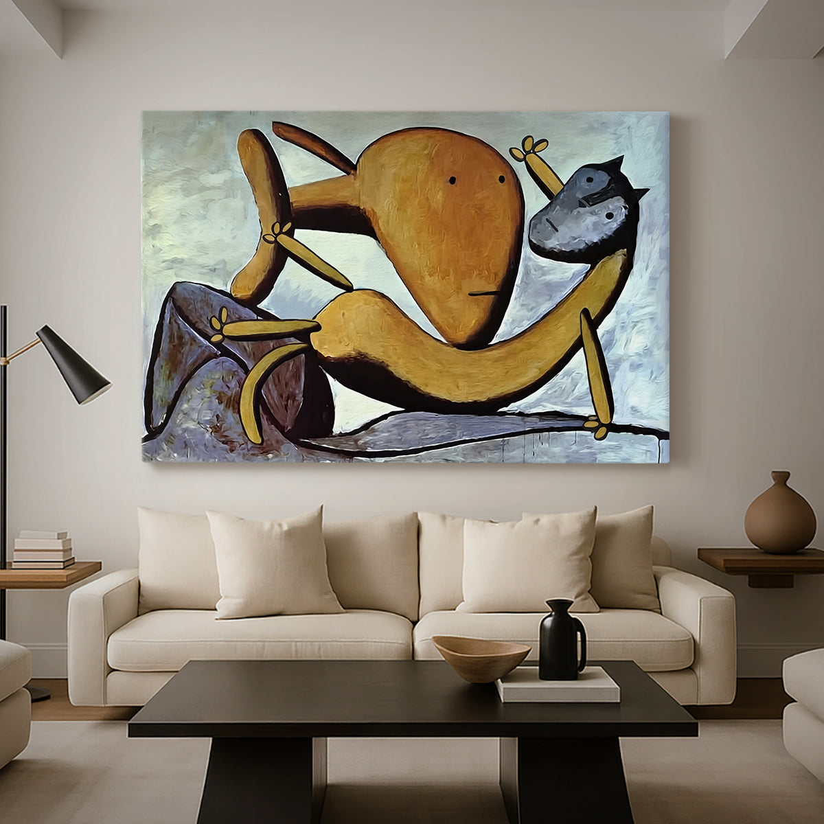 Canvas art print featuring an expressive depiction with bold contours, displayed in a spacious living room