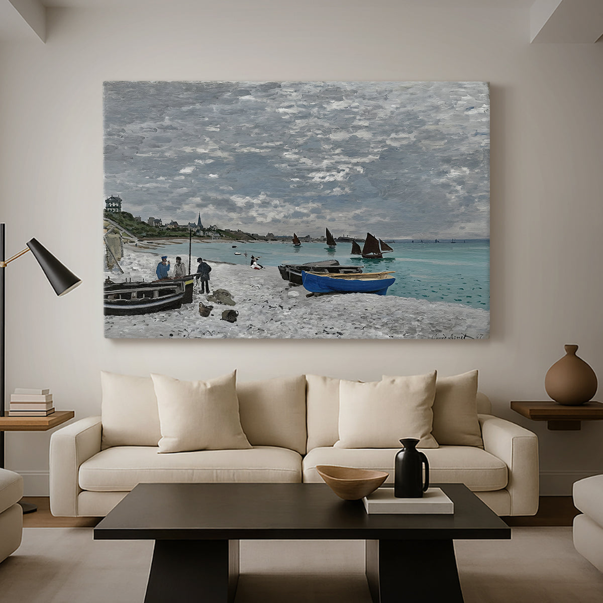 Canvas art print featuring a coastal landscape with sailboats and visitors on cliffside, displayed in a spacious living room