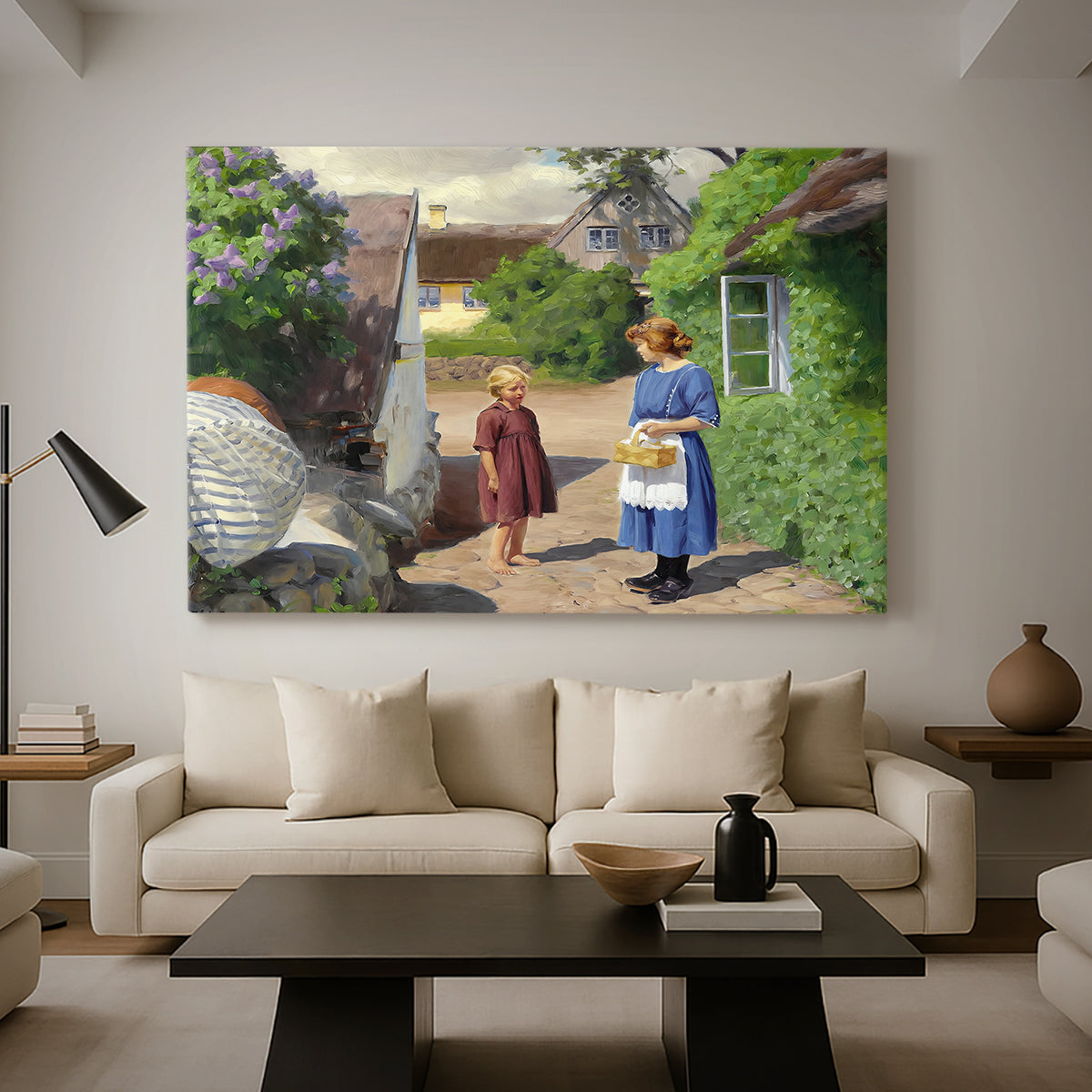 Canvas art print featuring a countryside setting with homes and people outdoors, displayed in a spacious living room