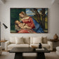 Canvas art print featuring a Renaissance composition focused on Madonna and child in seated pose, displayed in a spacious living room