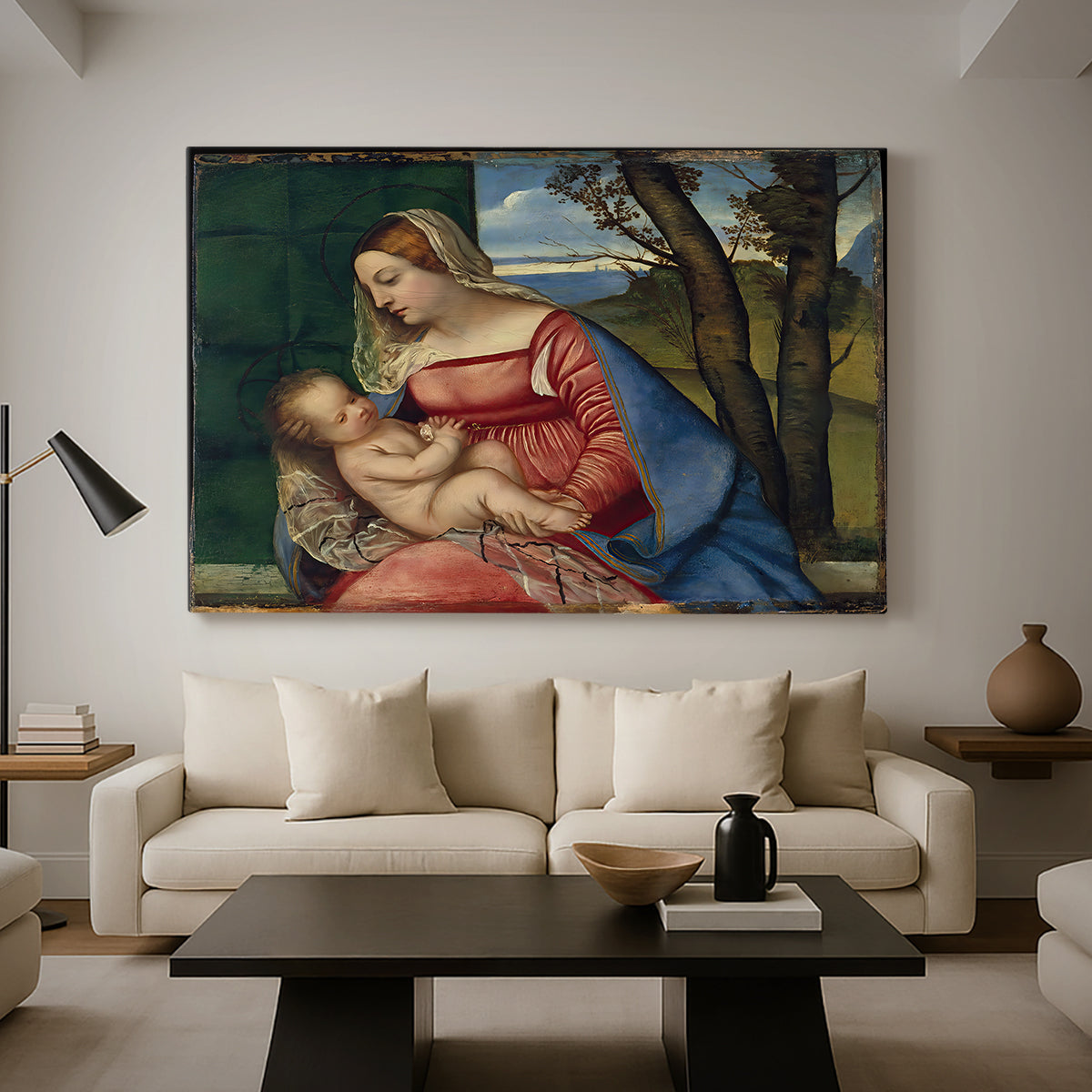 Canvas art print featuring a Renaissance composition focused on Madonna and child in seated pose, displayed in a spacious living room