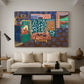 Canvas art print featuring an expressive interior scene with vegetables and bold pattern, displayed in a spacious living room