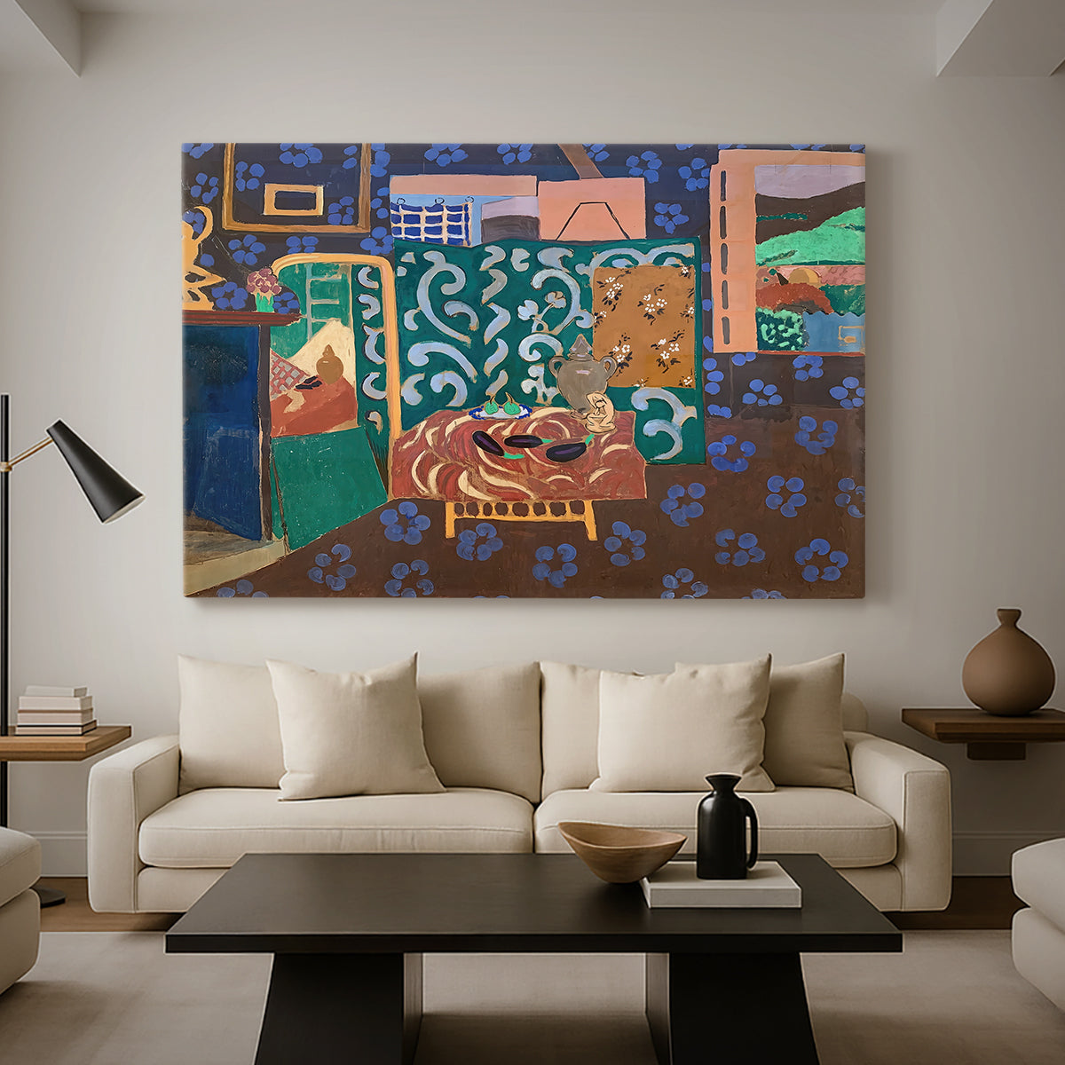 Canvas art print featuring an expressive interior scene with vegetables and bold pattern, displayed in a spacious living room