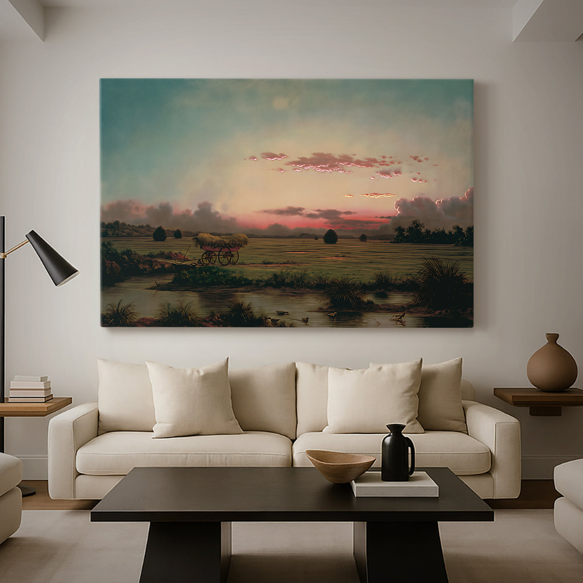 Canvas art print featuring a luminist scene with reflective water, displayed in a spacious living room