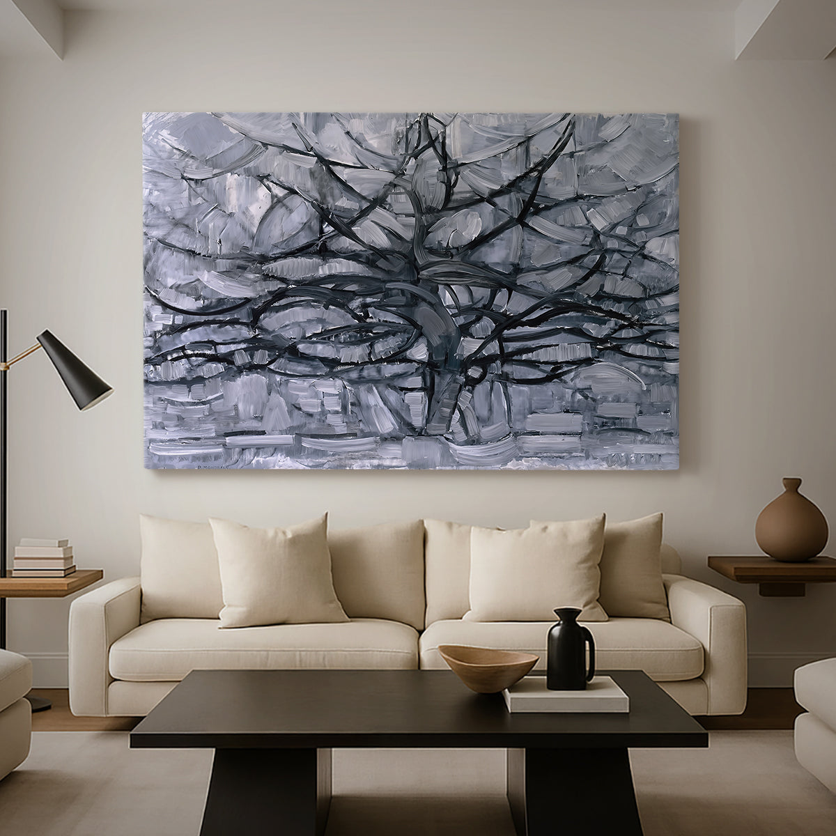 Canvas art print featuring a linear composition focusing on network of branches, displayed in a spacious living room