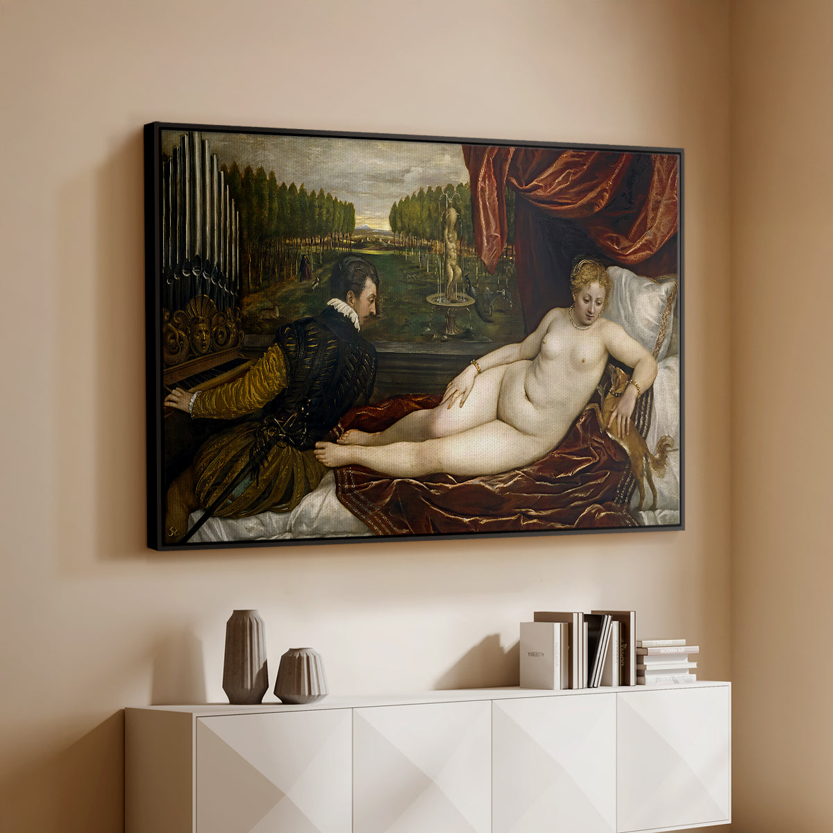 Venus with an Organist and a Dog, c. 1550 - Floater Framed Canvas Print