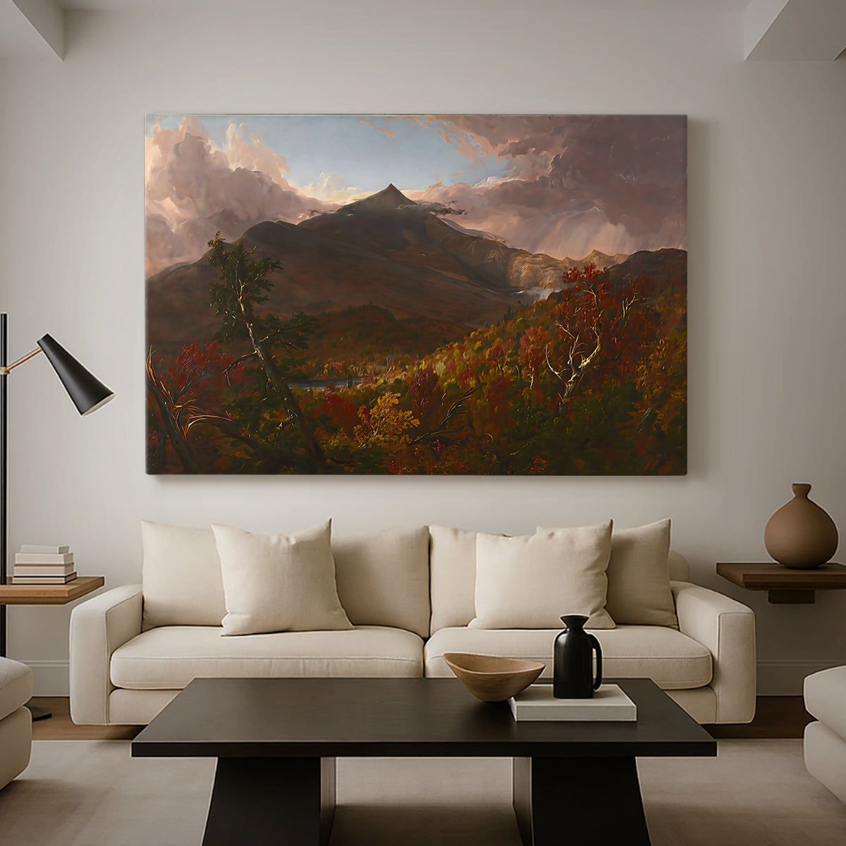 Canvas art print featuring an expressive composition highlighting light after storm, displayed in a spacious living room