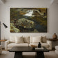 Canvas art print featuring a countryside pond with foliage and reflective surface, displayed in a spacious living room