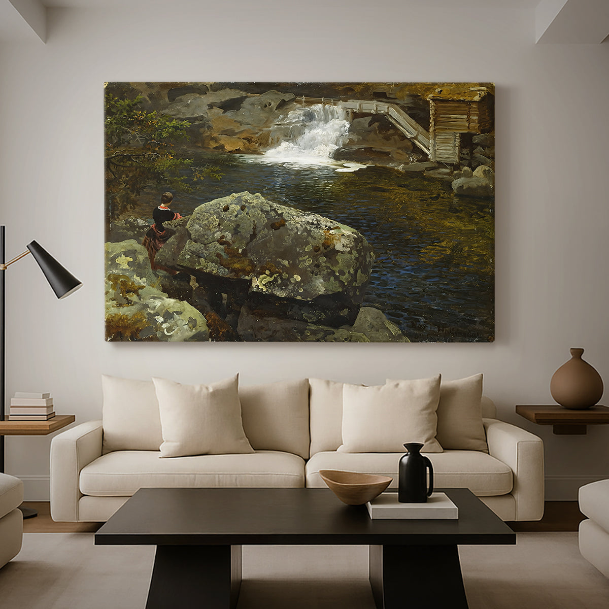 Canvas art print featuring a countryside pond with foliage and reflective surface, displayed in a spacious living room