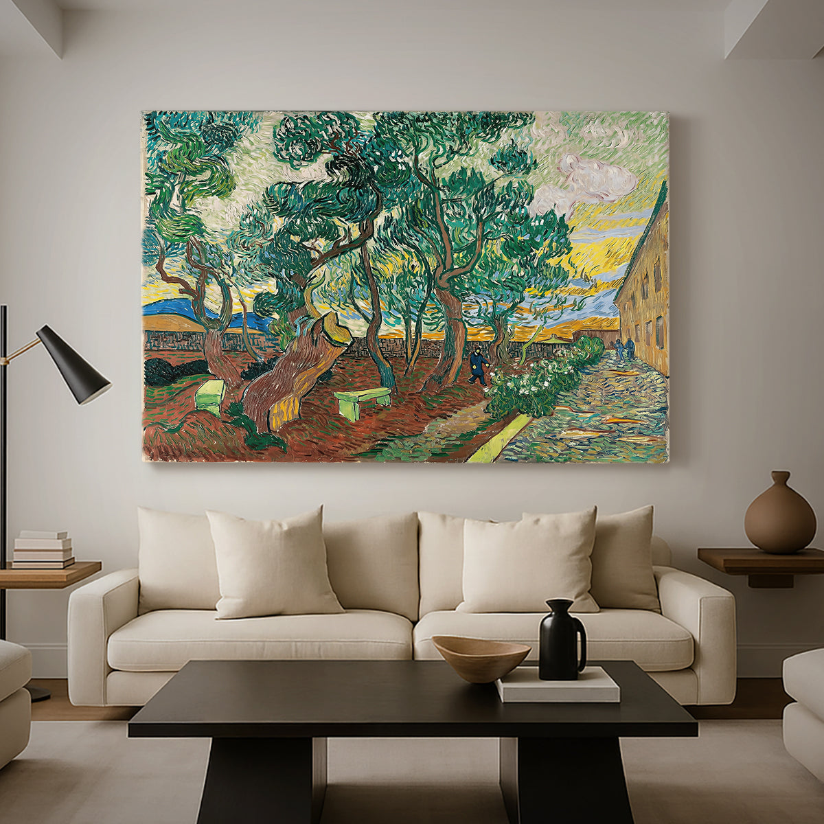 Canvas art print featuring a post-impressionist scene combining nature and architecture, displayed in a spacious living room