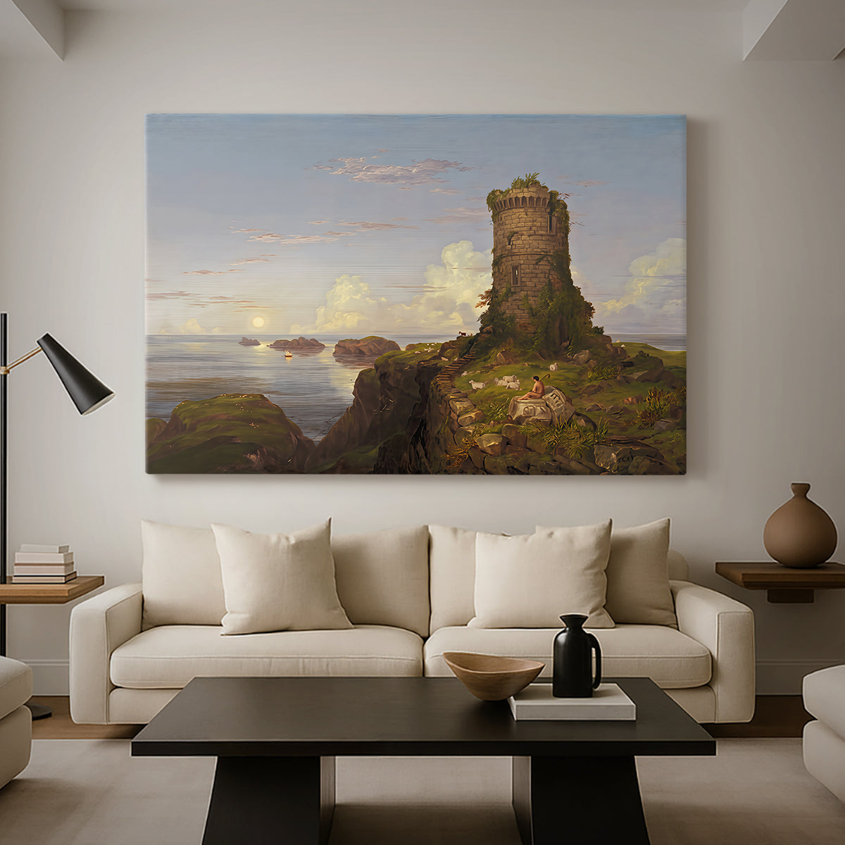Canvas art print featuring an atmospheric composition with architecture, displayed in a spacious living room