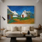 Canvas art print featuring a post-impressionist village composition with strong outlines, displayed in a spacious living room