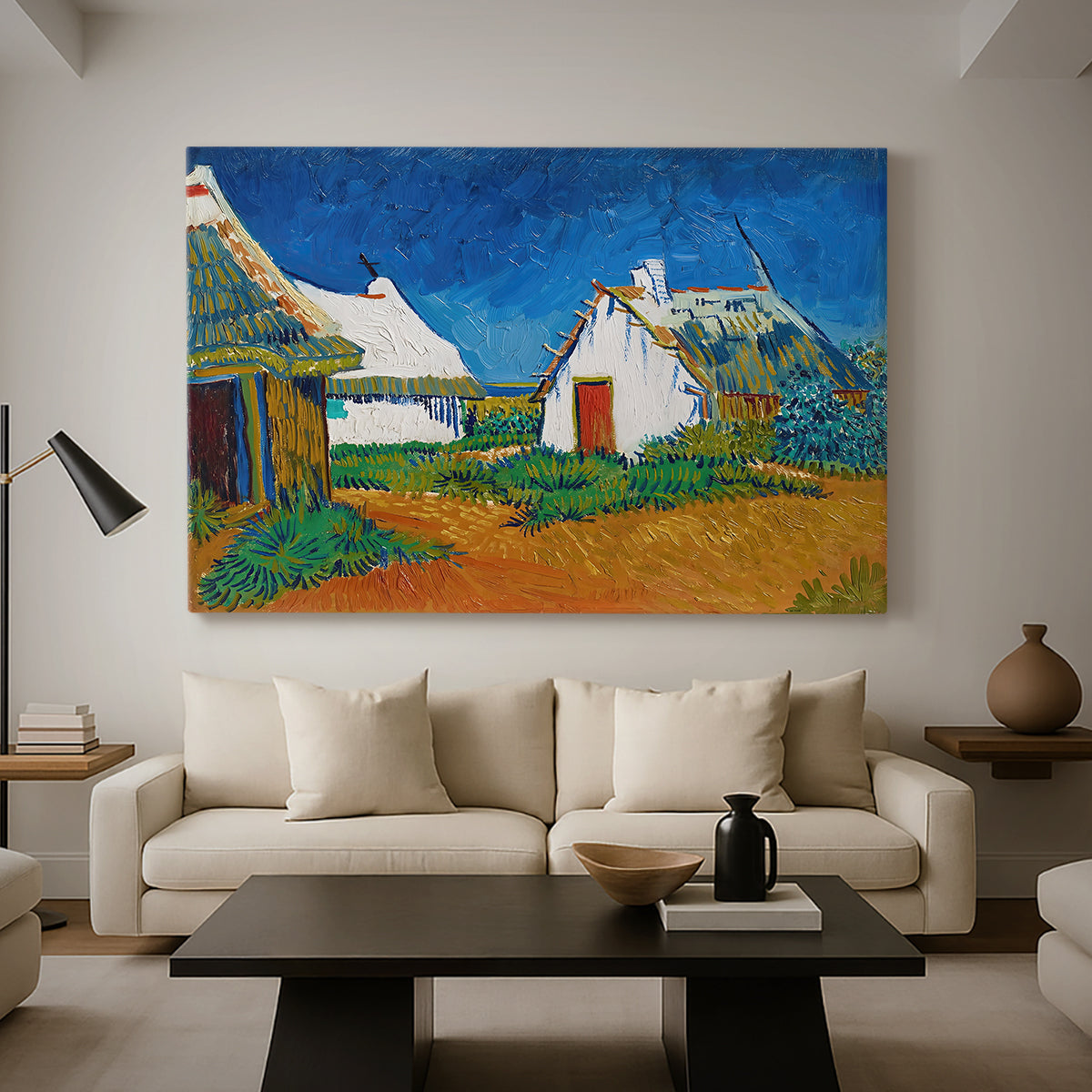 Canvas art print featuring a post-impressionist village composition with strong outlines, displayed in a spacious living room
