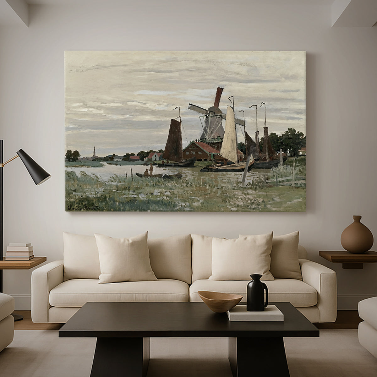 Canvas art print featuring a rustic scene with windmill and reflections in water, displayed in a spacious living room