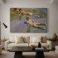 Canvas art print featuring an impressionist depiction near water, displayed in a spacious living room