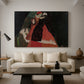 Canvas art print featuring an expressive painting of figures entwined with bold lines and color, displayed in a spacious living room
