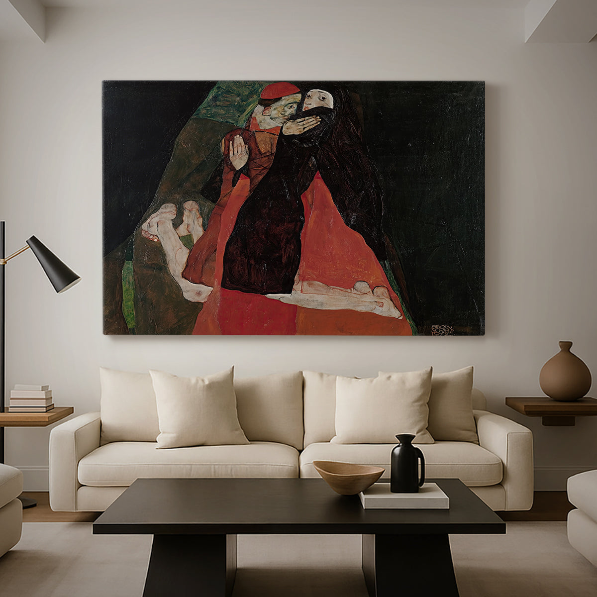 Canvas art print featuring an expressive painting of figures entwined with bold lines and color, displayed in a spacious living room