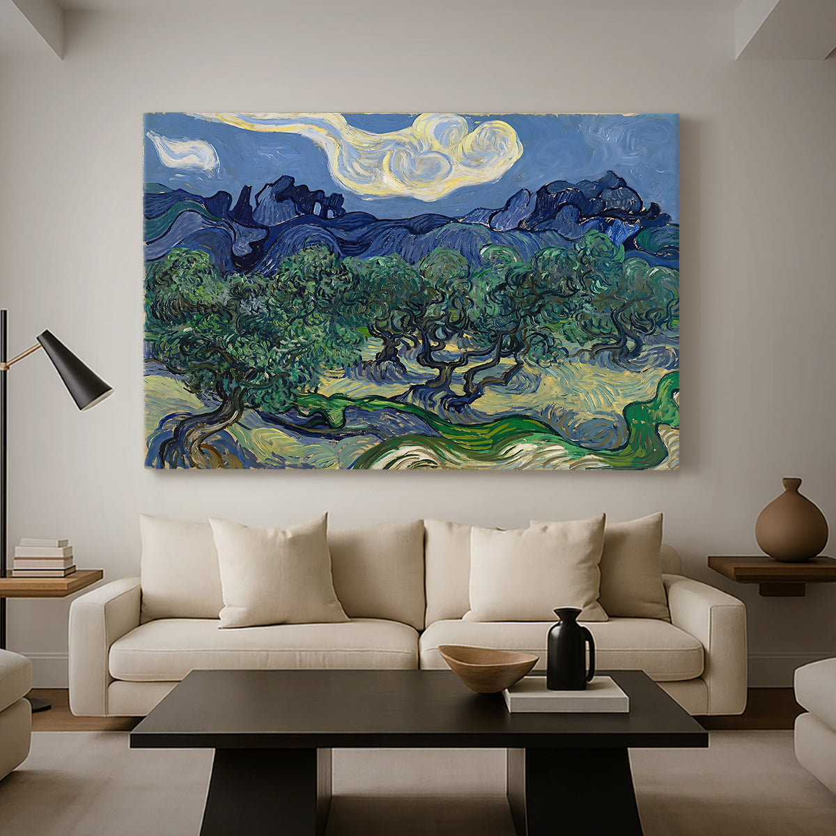 Canvas art print featuring a landscape combining foreground grove and distant peaks, displayed in a spacious living room