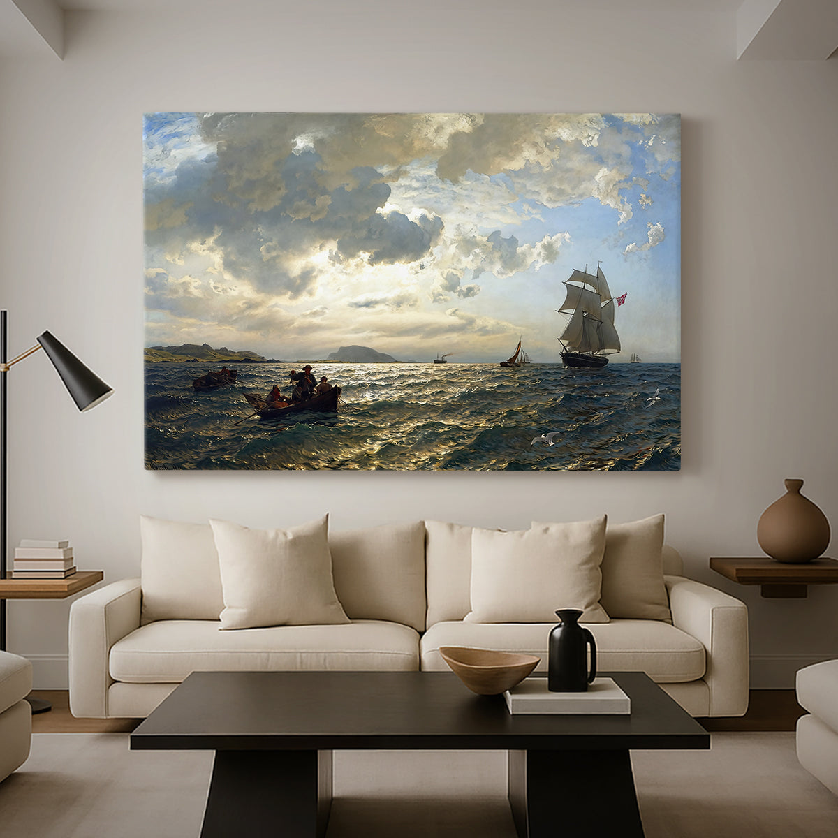 Canvas art print featuring a nautical landscape with boats in light coastal wind, displayed in a spacious living room