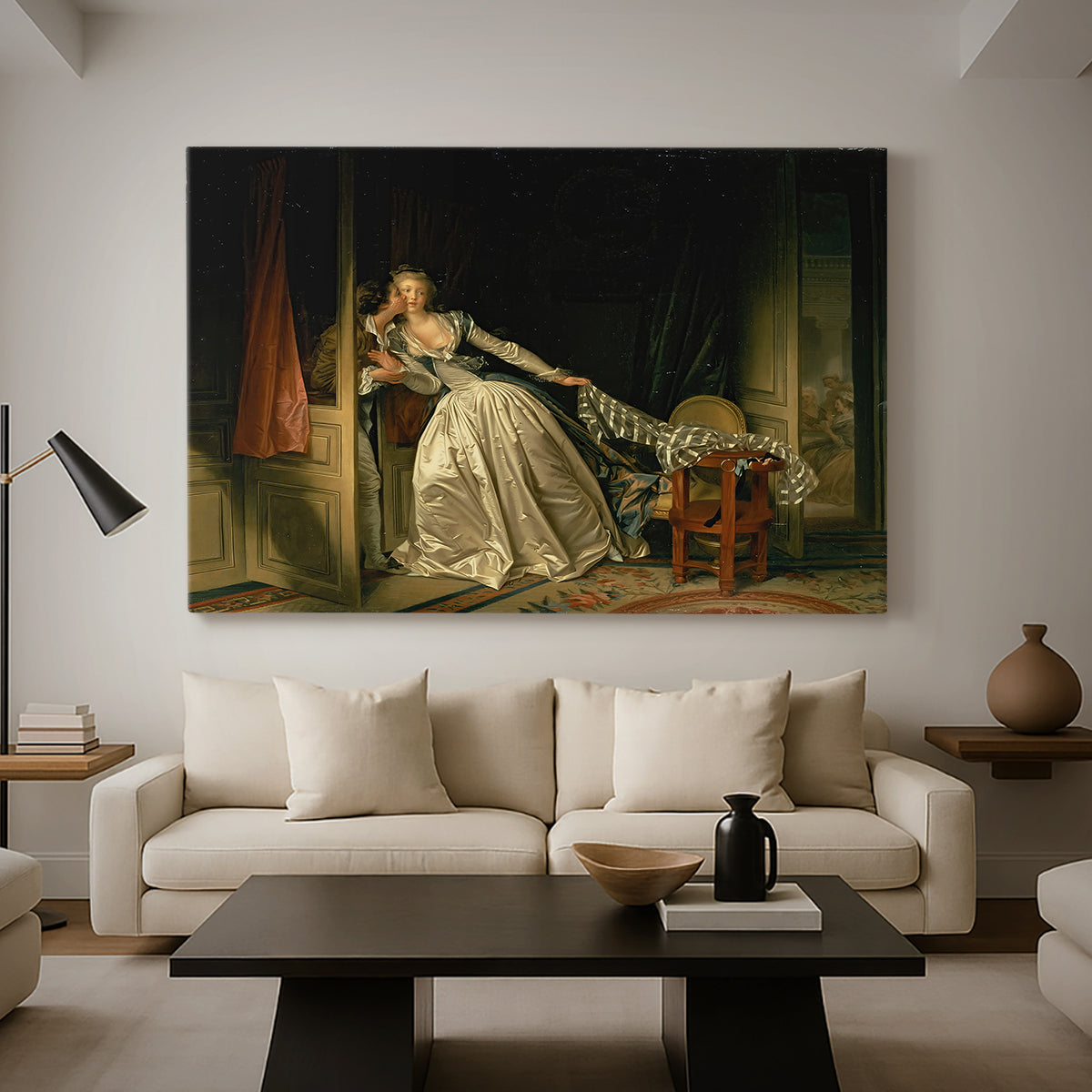 Canvas art print featuring an expressive composition of figures in close interaction indoors, displayed in a spacious living room