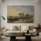 Canvas art print featuring a pastoral landscape featuring canal, displayed in a spacious living room
