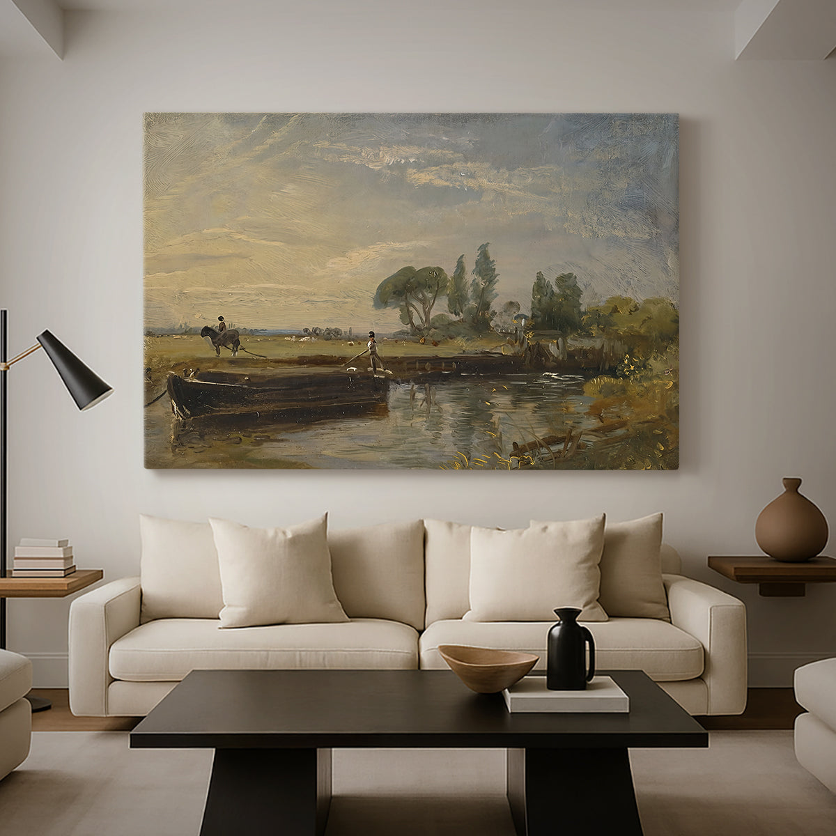 Canvas art print featuring a pastoral landscape featuring canal, displayed in a spacious living room