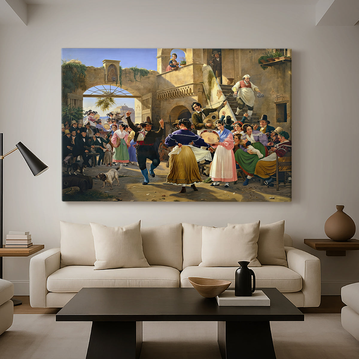 Canvas art print featuring a scene showing communal dining and conversation, displayed in a spacious living room